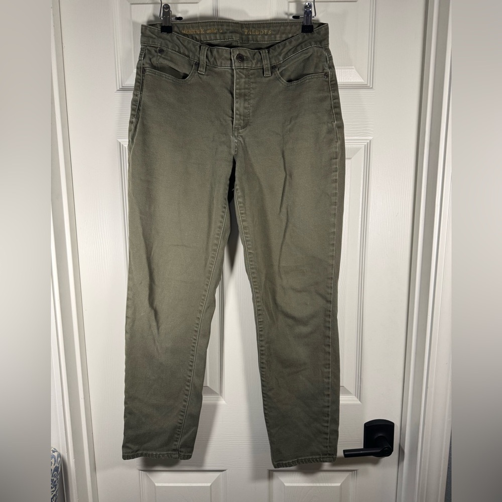 Talbots Heritage Ankle Straight Olive Green Denim Pants Size 6 Womens